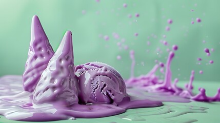 Wall Mural - Melting purple ice cream against a soft green backdrop