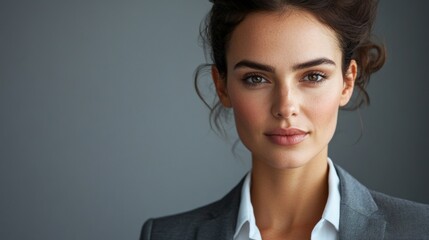 Detailed shot of a businesswoman with a clear, strong expression, dressed in a tailored blazer, emphasizing her role in leadership and business.