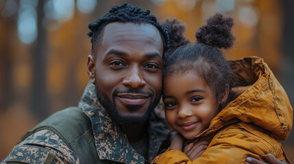 Wall Mural - A smiling father in military uniform hugs his daughter.