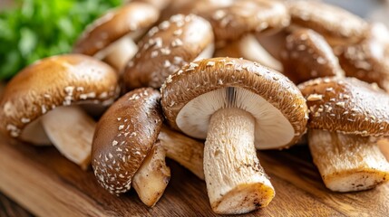 Poster - Detailed shot of a cluster of shiitake mushrooms on a wooden cutting board, emphasizing their distinctive, glossy caps and the fine details of their stems.