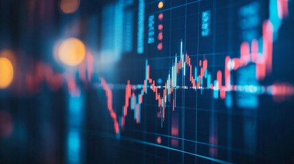 Fototapete - Detailed shot of a financial graph with fluctuating stock prices, highlighting various data points and trend lines in a professional setting.