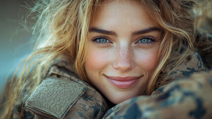 Wall Mural - Close-up portrait of a young woman with freckles, wearing a camouflage jacket, smiling.