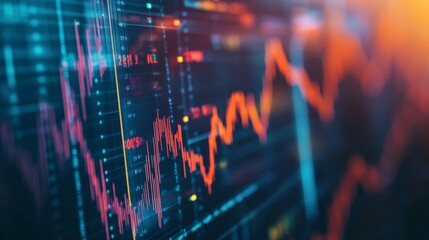 Fototapete - Detailed shot of a financial graph with fluctuating stock prices, highlighting various data points and trend lines in a professional setting.