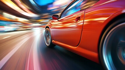 Poster - Red Sports Car Speeding Through City at Night