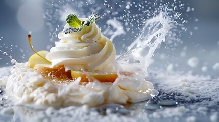 Wall Mural - Meringue with apple floating in an icy explosion atop