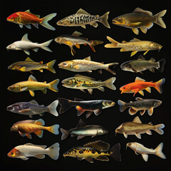 Wall Mural - Photo set of various different fishes, no background transparent