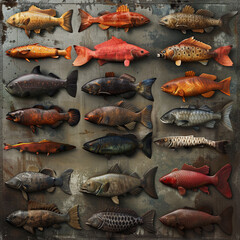 Wall Mural - Photo set of various different fishes, no background transparent