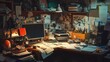 © Puttipong - A ridiculously cluttered workspace with papers, gadgets, and knick-knacks strewn all over, barely leaving any room to work.