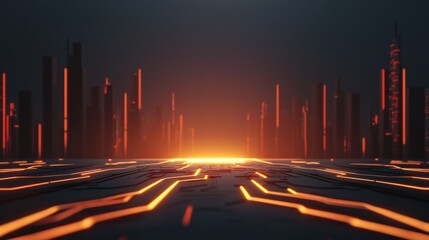 Futuristic cityscape with illuminated circuitry lines and glowing skyline, capturing a sense of digital transformation and technology.