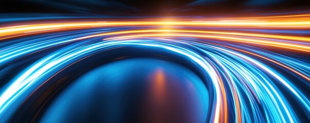 Poster - Vibrant lines of blue and orange light create a dynamic motion effect, representing speed and energy in a digital abstract background.