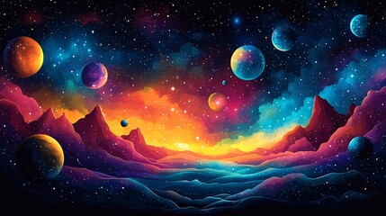 Wall Mural - Vector design of a stylized cosmic scene with planets asteroids and swirling galaxies rendered in vibrant colors and geometric shapes creating a sense of wonder and exploration