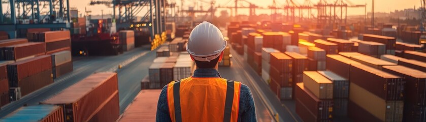 Construction Worker Looking at Shipping Containers at Sunset