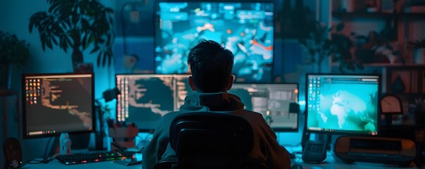 Poster - Person sitting at a desk surrounded by multiple computer screens, programming, and gaming in a dimly lit room with a blueish hue.