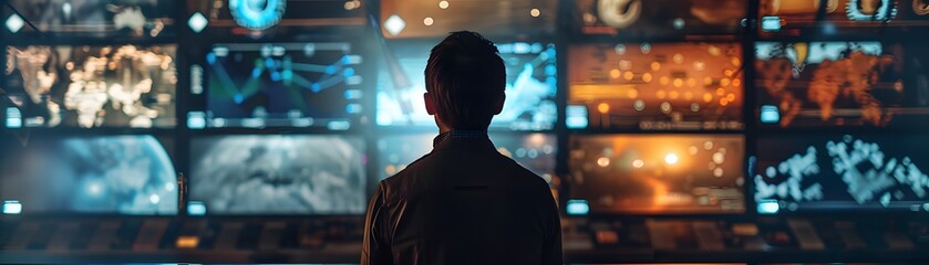 Poster - Person standing in front of multiple screens with data, graphics, and maps in a control room setting, showcasing technology and data analysis.