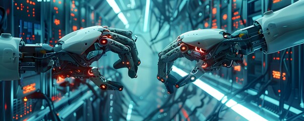 Poster - Futuristic robotic hands reaching toward each other in a high-tech environment, symbolizing connection and technology.