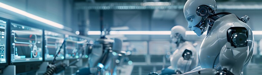 Poster - Futuristic robots working in a high-tech lab, showcasing advanced technology and artificial intelligence in a sleek environment.