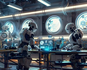 Poster - Futuristic robots working in a high-tech lab, showcasing advanced technology and innovation in science and artificial intelligence.