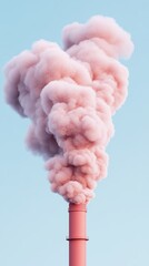 A pink smoke plume rises from a factory chimney against a clear blue sky, symbolizing pollution and industrial activity.