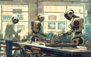 Poster - Futuristic workspace featuring robots and a human collaborating on technology and electronics in a bright, innovative environment.