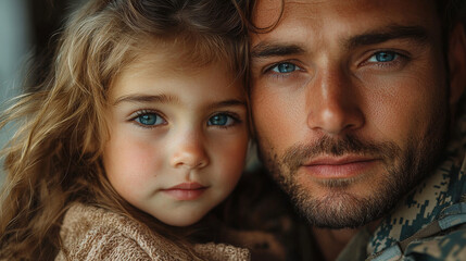 Wall Mural - A young girl with long blonde hair looks lovingly at her father.