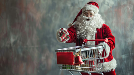 santa claus with shopping cart and bell , copy space to make christmas sale notices, banners, post advertisements 