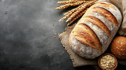 Freshly baked bread with a crisp crust lying on burlap. Ears of wheat and oat flakes are scattered next to the bread