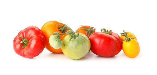 Wall Mural - Different sorts of fresh ripe tomatoes isolated on white