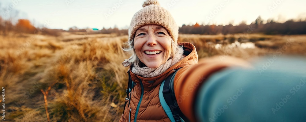 Elderly woman capturing a selfie while enjoying a quiet moment at a ...
