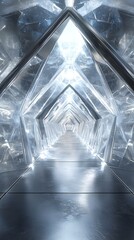 A futuristic crystal tunnel with silver metal accents, architectural photography