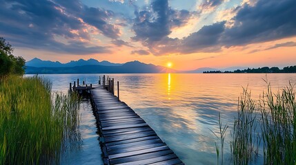 Sticker - Peaceful Sunset Over a Tranquil Lake with a Wooden Dock