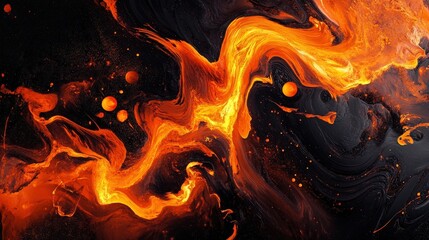 Poster - This artwork showcases dynamic, fiery swirls of orange and yellow against a deep black backdrop, creating a mesmerizing visual experience reminiscent of molten lava