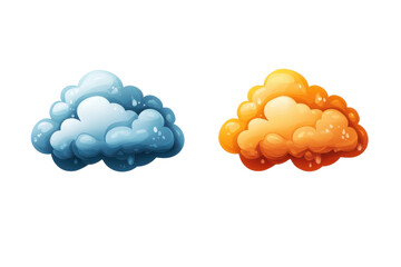 Bright cartoon-style illustration of a blue and an orange fluffy cloud on a transparent background, perfect for fun and whimsical designs.