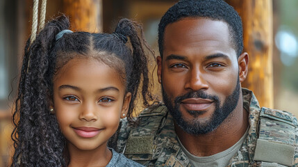 Wall Mural - A young girl smiles sweetly at the camera, while her father, a soldier, looks lovingly at her.