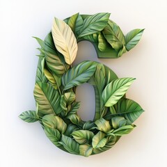 3D number 6 with leaves texture realistic modern design, soft lighting, white background 