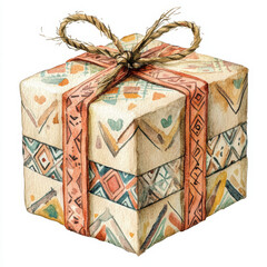 Wall Mural - A watercolor painting of a square gift box wrapped in geometric-patterned paper, tied with rustic twine, in soft pastel colors.