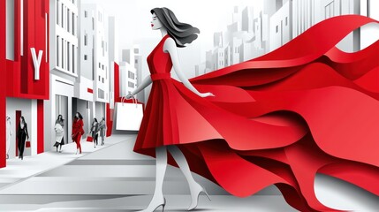 Sticker - Woman in Red Dress Walking in City