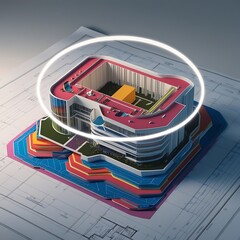 Vibrant 3D Futuristic Building on Dynamic Blueprints