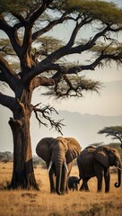 Wall Mural - African elephant herd on the savanna with acacia tree.