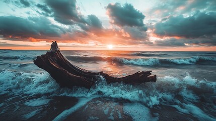 Sticker - Driftwood on the Shore at Sunset