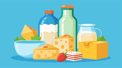 Dairy products set - milk in carton package and glass bottle, different types of cheese and cream. Cartoon vector illustration collection of farm organic milky goods and ingredients for healthy eating