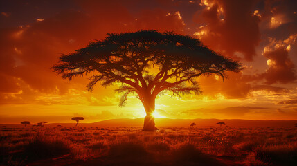 Wall Mural - Sunset Silhouette of Acacia Tree on African Savannah..