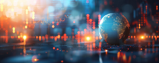 Aufkleber - A captivating digital globe surrounded by vibrant lights and abstract patterns, symbolizing global connectivity and data.