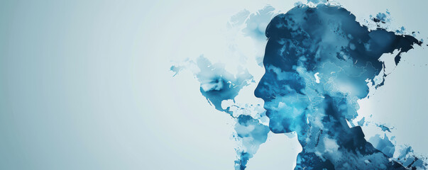 Aufkleber - A creative silhouette of a person blended with blue watercolor, representing imagination and introspection.