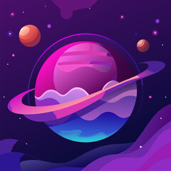 Sticker - Purple sky galaxy space night vector background. Pink abstract cosmos banner with planet and starry light texture outer design. Cartoon metaverse website header with modern shining gradient graphic