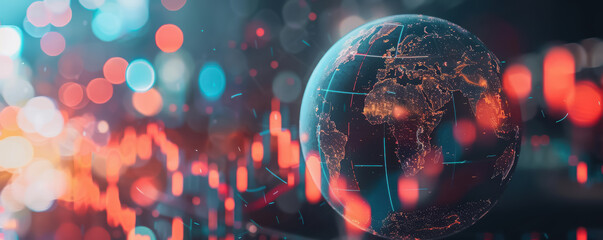 Poster - A digital abstract representation of the globe with vibrant colors and data visualization elements, symbolizing global connectivity.
