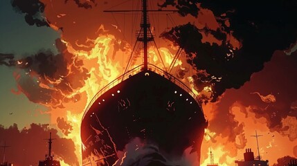 Wall Mural - A digital painting shows a burning warship in a water body, surrounded by a cityscape, small boats, and a sky of orange and black, creating an apocalyptic scene.