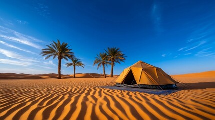 A tent set up in the middle of a vast desert with palm trees nearby, and rippling sand dunes beneath a vibrant blue sky.