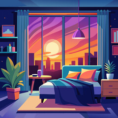 Wall Mural - Bedroom interior room with sunset cityscape view vector background. Modern clean hotel apartment with cozy sleep furniture indoor design. Curtains on big window and beautiful domestic flower pot