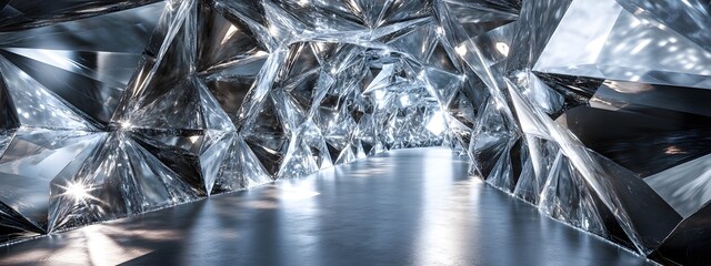 Wall Mural - A futuristic crystal tunnel with silver metal accents, architectural photography