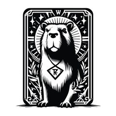 Capybara in Tarot card black and white silhouette illustration -